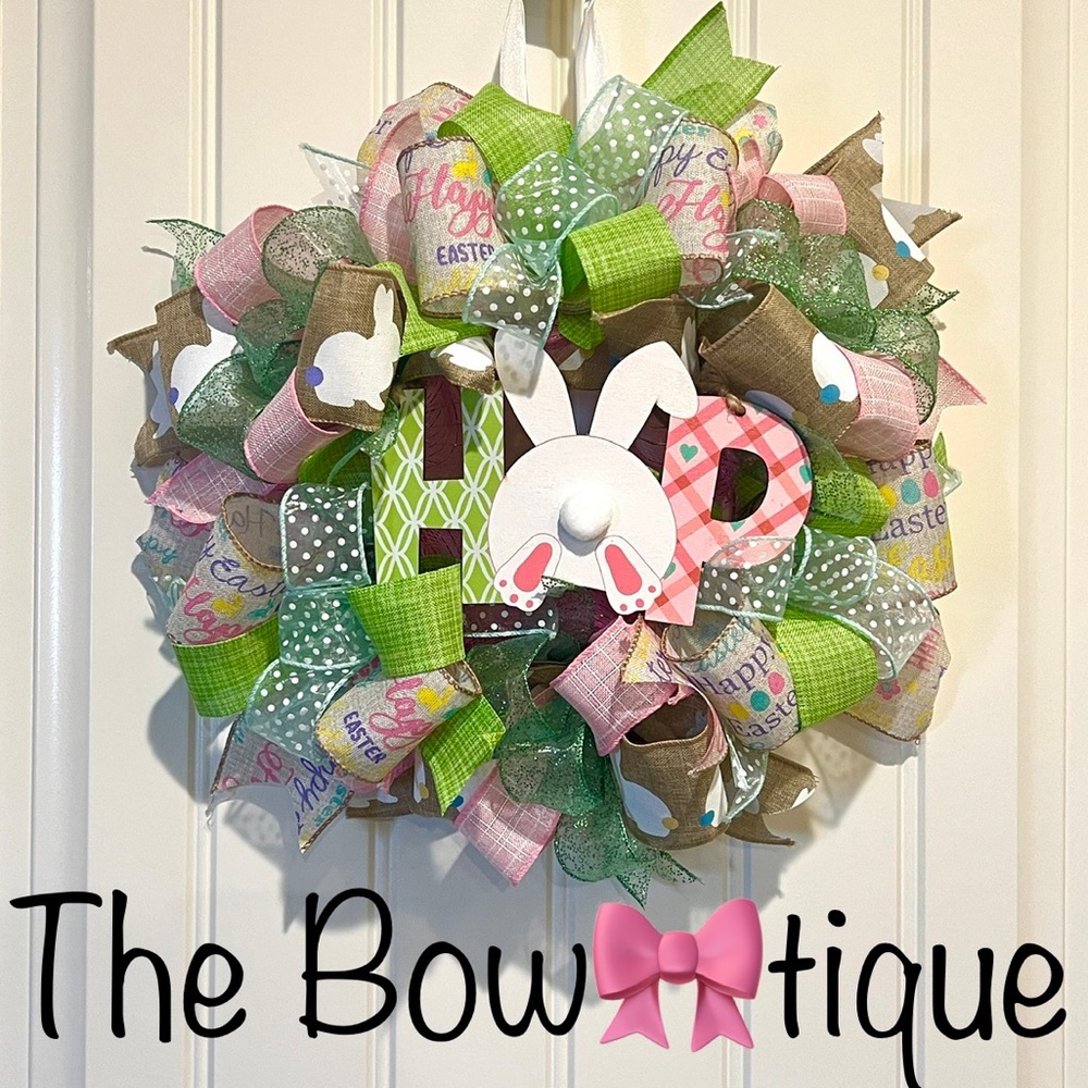 13” Happy Easter Ribbon Wreath "HOP" Colorful Tailed Bunny Handmade MW8